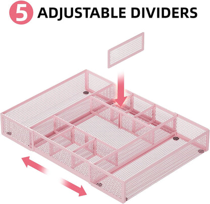 Marbrasse Expandable Desk Drawer Organizer, Mesh Drawer Organizer Tray with 10 Adjustable Compartments, Desk Organizers and Accessories, 5 Dividers Drawer for Office Supplies, Makeup & Vanity (Black)