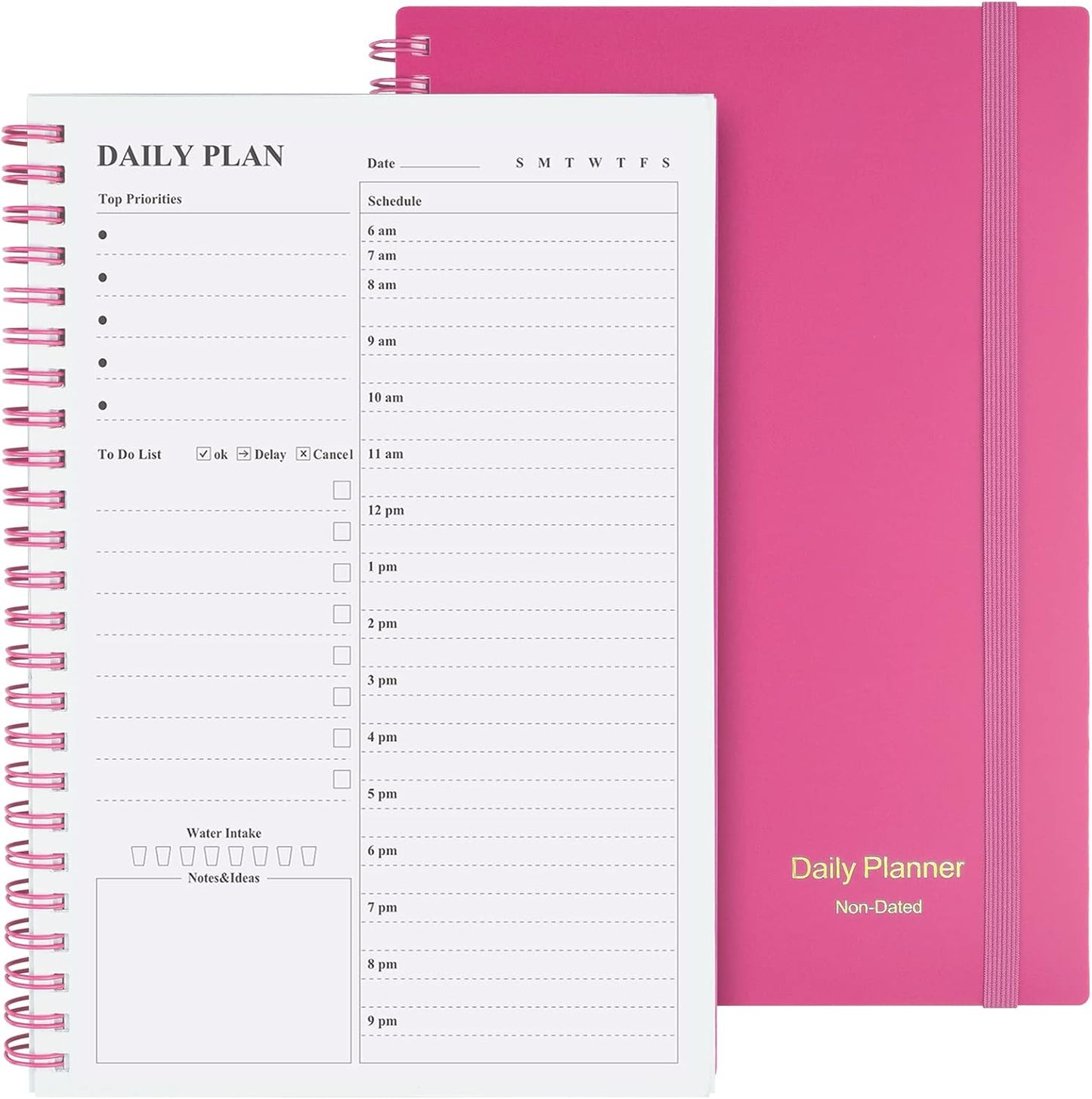 Daily Planner Undated, Asten To Do List Notebook Hourly Schedules Spiral Appointment Planner for Men and Women,PVC Hardcover,Elastic Closure, Inner Pocket 8.3" x 5.8" (Black)