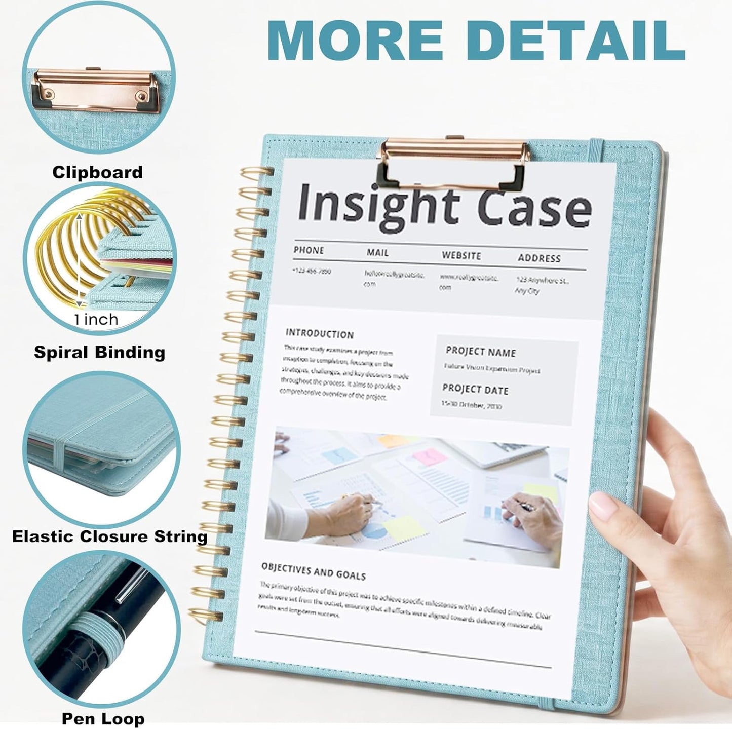 Grey Foldable Spiral Clipboard Folio with Storage Zipper Pouch, 5 Plastic Folders with Pockets,Refillable Lined Notepad (8.5" x 11"), Hardcover Project Organizer with 39 Stickers