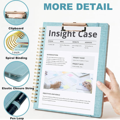 Grey Foldable Spiral Clipboard Folio with Storage Zipper Pouch, 5 Plastic Folders with Pockets,Refillable Lined Notepad (8.5" x 11"), Hardcover Project Organizer with 39 Stickers