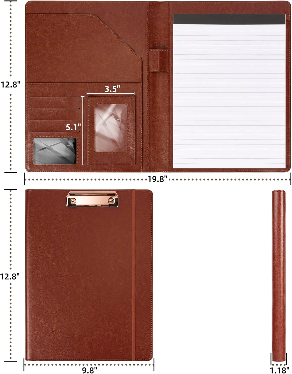 Clipboard Folio Folder Portfolio with Notepad-Pocket Business Card Holder Brown Faux PU Leather Portfolio
