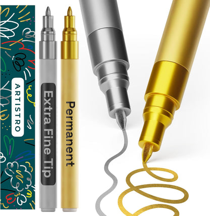ARTISTRO 2 White Permanent Marker - Waterproof Markers for Tire, Fabric, Rocks, Glass, Ceramic, Wood, Paper - Oil Based Paint Pens - Extra-Fine Tip 0.7mm