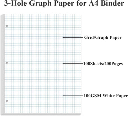A4 TUL Discbound Grid Filler Paper - 11 Disc Graph Paper, Letter Size 100Sheets / 200Pages Loose-Leaf Paper, 100gsm White Paper, 8.5'' x 11''