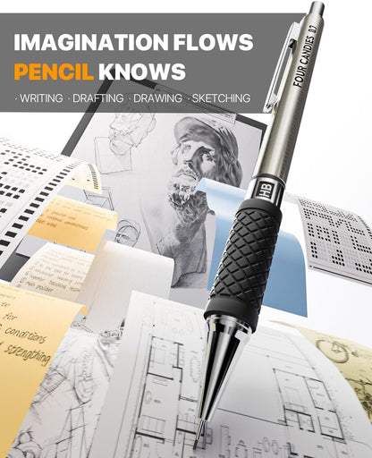 6PCS Metal Mechanical Pencil Set with 0.7mm Medium Point, 360 Leads, 12 Erasers, Art Mechanical Pencils Pack with Storage Case for School Writing, Sketching, Drawing & Professional Drafting