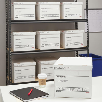 STAPLES Corrugated File Box Lift Off Lid, Letter/Legal Size, White/Black, 10/Pack
