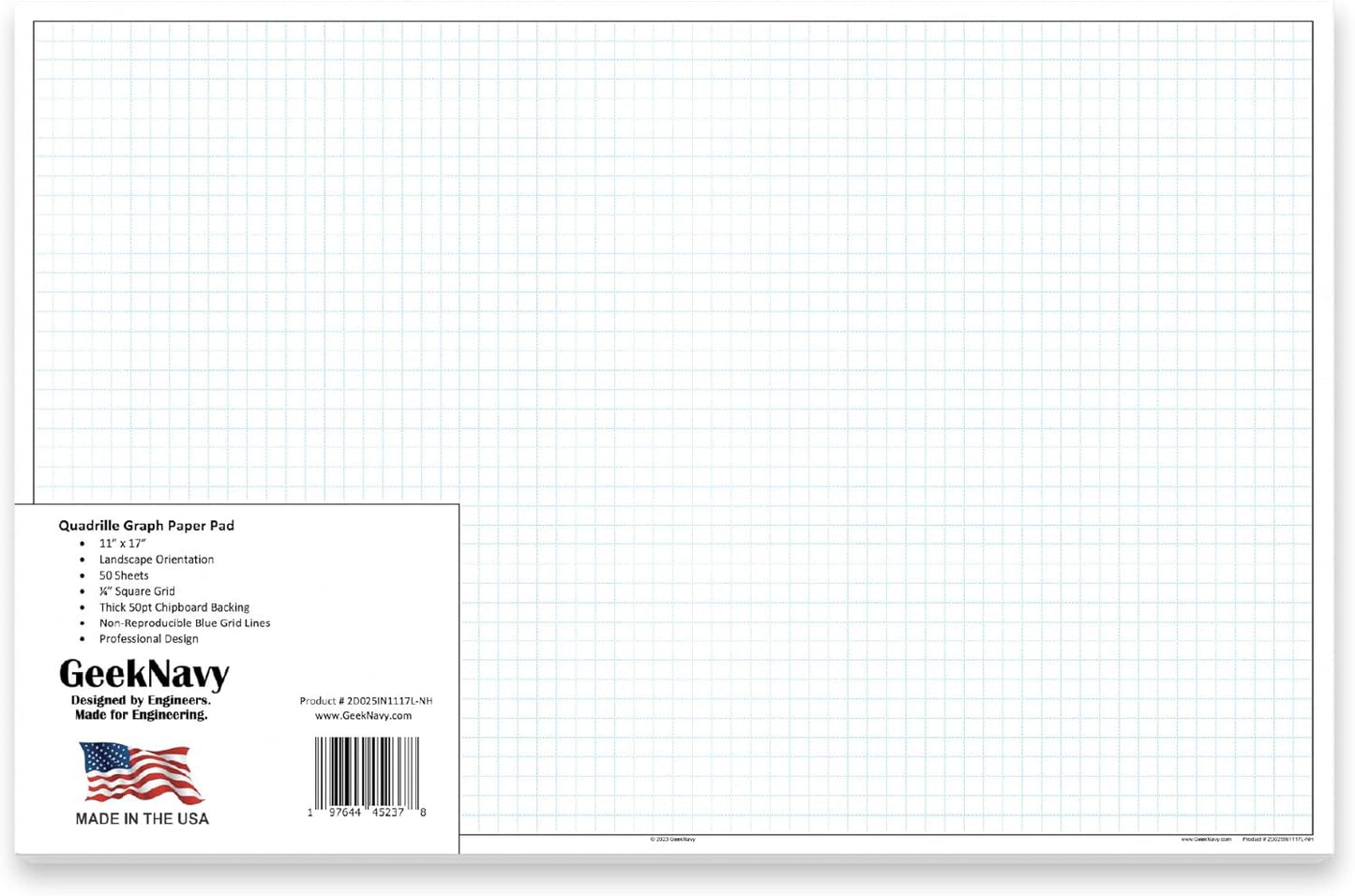GeekNavy 11" x 17" Quadrille Graph Paper 50 Sheets Landscape - 0.25" 4x4 Square Grid, Blueprint, High Brightness, Border-Outlined, Large Drafting (1-Pack)