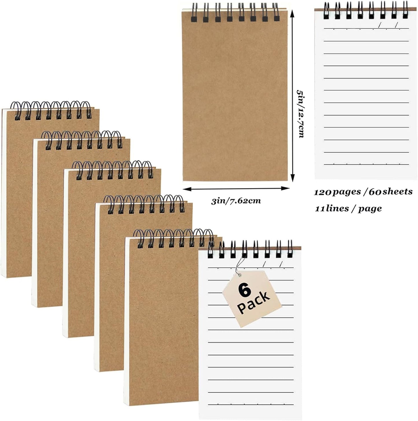 12Pack Pocket Notebooks, 3x5 Inch 60 Sheets/120 Pages 9MM Wide Ruled‌ Mini Kraft Spiral Notebook, Small Notepads, Top Bound Pocket Size Note Pads With Lined Pages,Memo Pads For Home,School,Office(12)