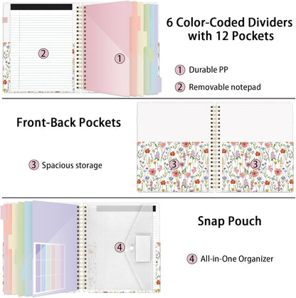 SKYDUE Clipboard Folder with Storage, 6 Dividers with 12 Pockets for Letter Size, Storage Clipboard Folio with Refillable Notepad, Spiral Clipboards Padfolio for Teacher Worker Nurse