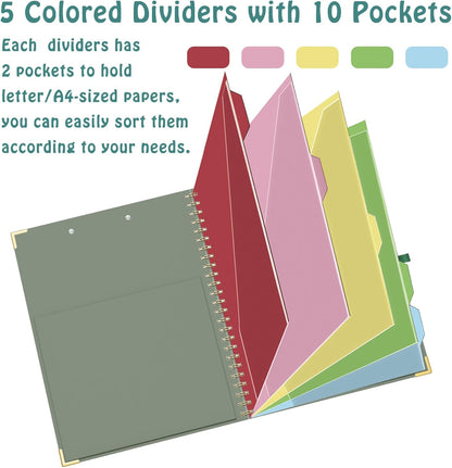 HAUTOCO Clipboard Folio with Refillable Notepad for Letter Size (11" x 8.5"), 5 Dividers with 10 Pockets, Elastic Pen Holder and File Folder Labels, Spiral Nurse Clipboard Artboard(Green)