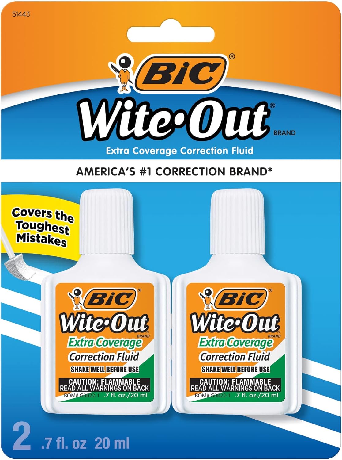 BIC Wite-Out Extra Coverage Correction Fluid, 20 mL Bottles, White, Pack Of 2