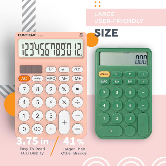CATIGA 12 Digit Desktop Calculator Basic Desk Calculator with Large LCD Display, Big Buttons, 4 Function, Solar and Battery Dual Power, for Office, School, Home, SD-1292 Green