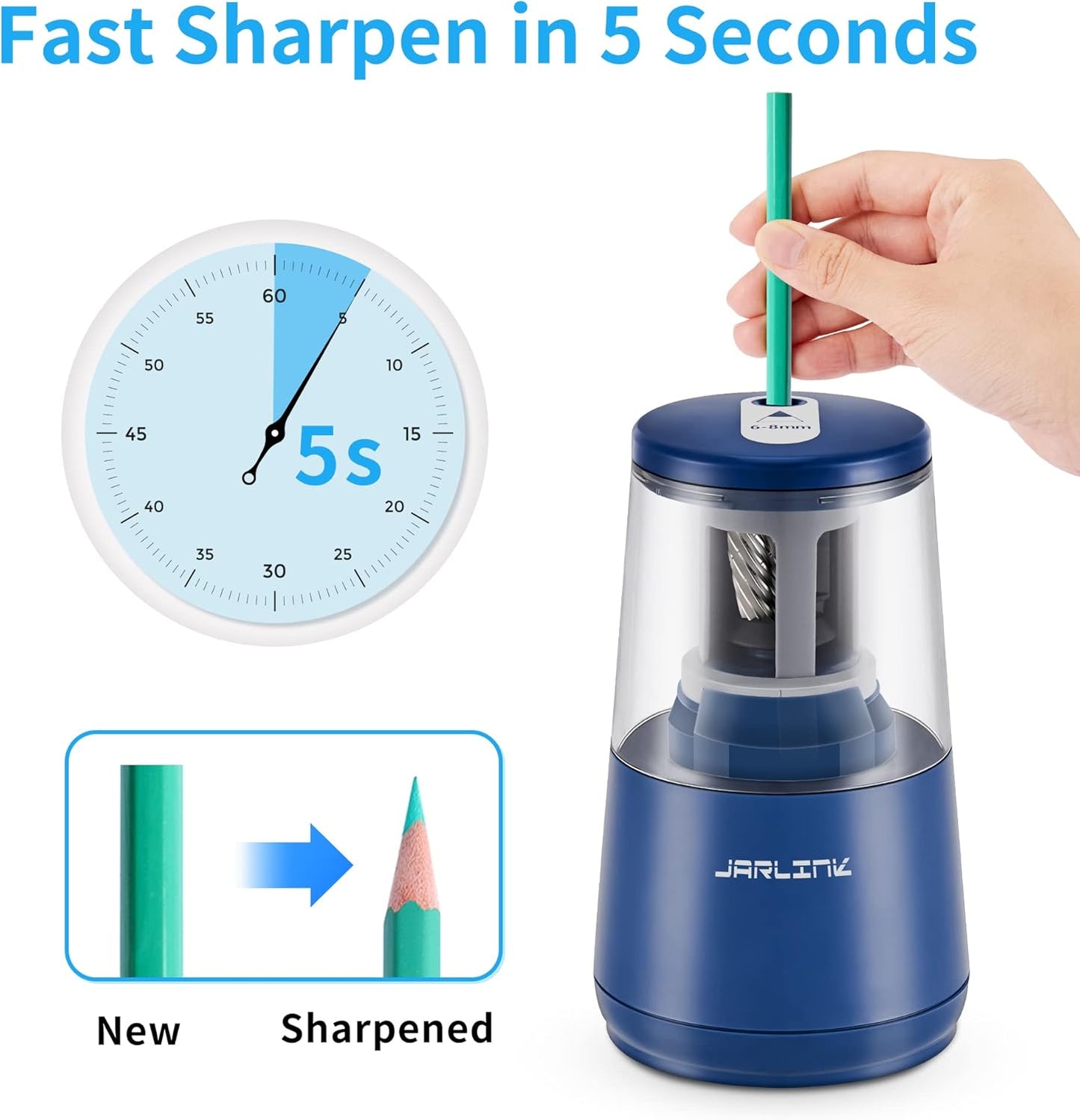 JARLINK Electric Pencil Sharpener, Heavy-Duty Helical Blade to Fast Sharpen, Auto Stop for No.2/Colored Pencils(6-8mm), AC Adapter/Battery Operated in School Classroom/Office/Home (Black)