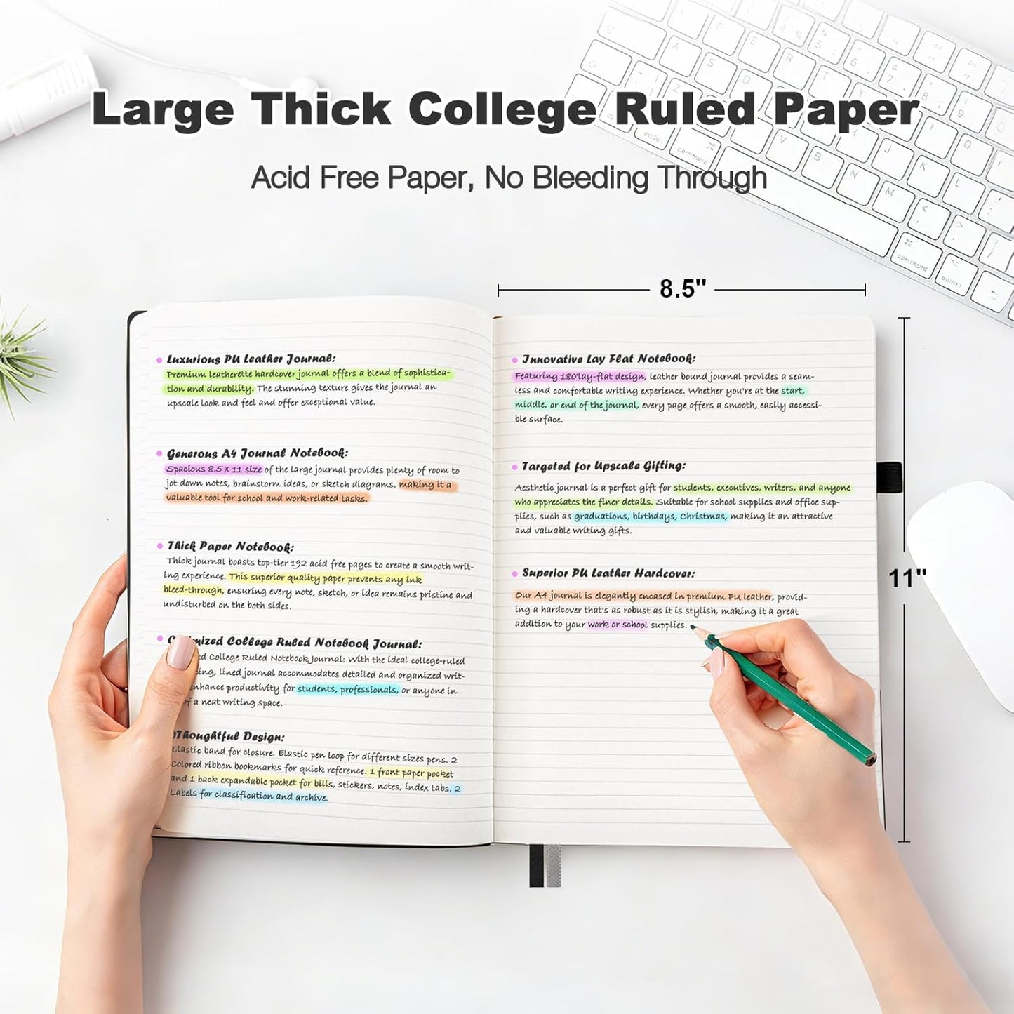 College Ruled Notebook, A4 Softcover Leather Notebook for Work, Lined Notebook Journal for Women, Men, 192 Thick Paper, Lay Flat, Large Notebook with 2 Pockets, Professional Business Notebook, Blue