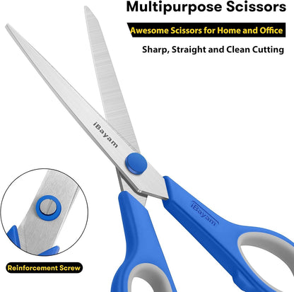 Scissors, iBayam 8" All Purpose Scissors Bulk 3-Pack, Ultra Sharp 2.5mm Thick Blade Shears Comfort-Grip for Aesthetic Fun Cute School Office Teacher Desk Crafts and Art Supplies Accessories Essential