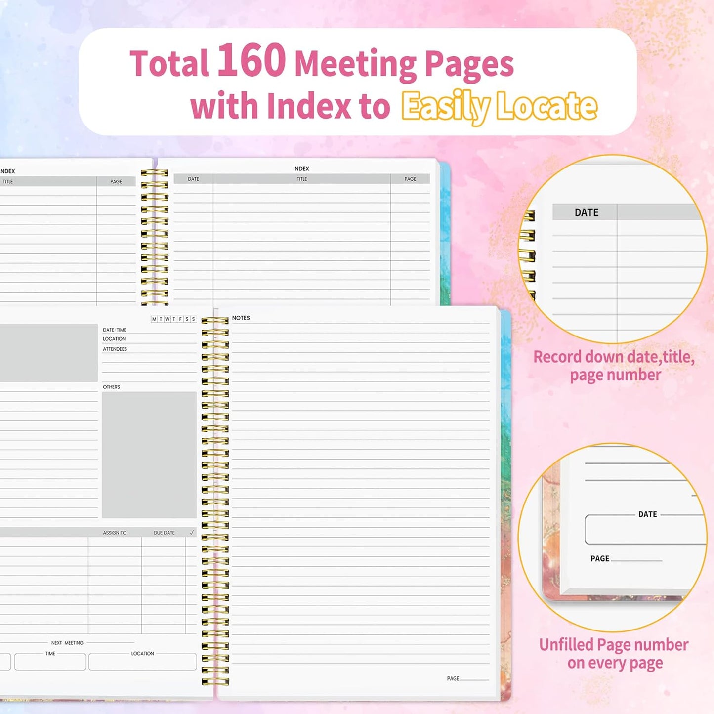 SUNEE Half Meeting Half Note - 7.5"x10" Professional Notebooks for Work - 160 Pages, B5 Size Project Planner, Spiral Meeting Agenda/Minutes Organizer for Women Men, Note Taking, Office & Business