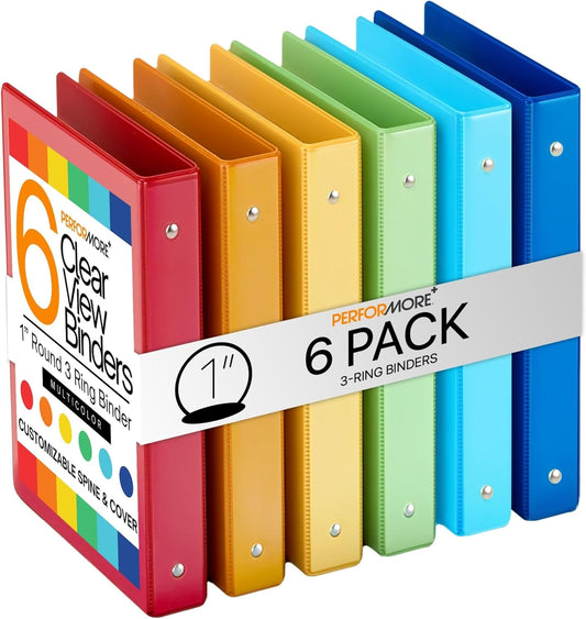 Performore 6-Pack Multi-Color 3-Ring Binders, 1-Inch Round Rings, 8.5x11 Inches, Versatile Binders for Office, Home, & School Use, Assorted Colors (Dark Blue, Green, Orange, Red, Yellow, Bright Blue)