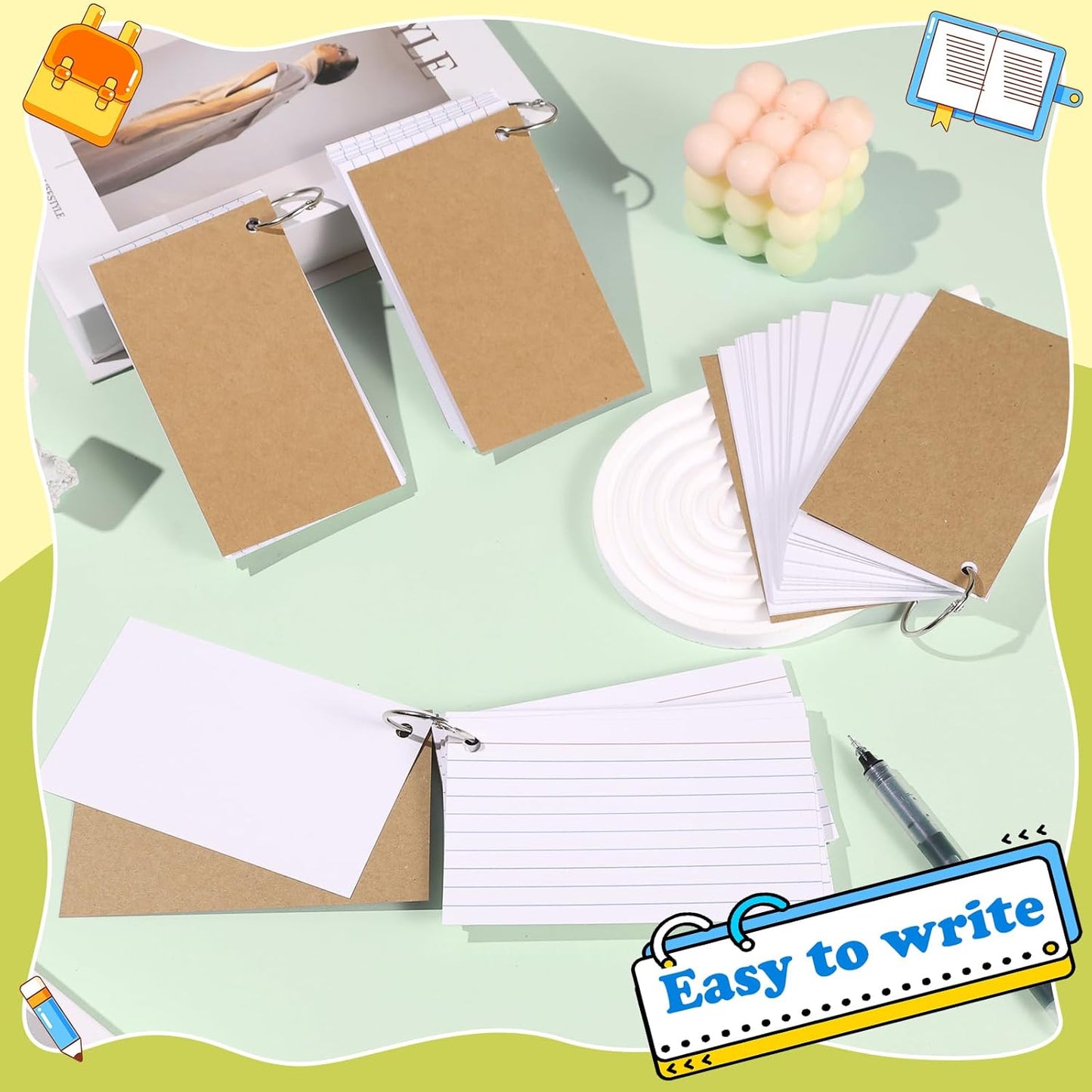 Colored Index Cards 3x5 Inch Heavyweight Flash Cards with Ring Lined Flashcards Note Cards for Studying School Supplies College, 200 Count