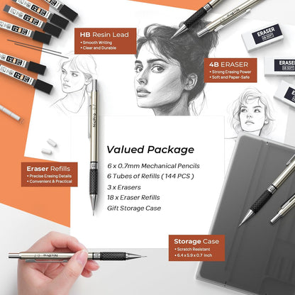 Nicpro 0.7 mm Art Mechanical Pencil Set in Storage Case, 3 PCS Metal Drafting Pencil Lead Pencil with 6 Tube HB Lead Refills, 3 Erasers, 9 PCS Eraser Refills for Artist Writing, Drawing, Sketching