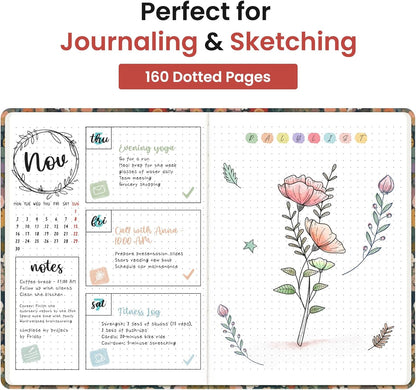 Taja Pretty Lined Journal for Women, Aesthetic Cute Hardcover Leather Journal for Writing, A5 College Ruled Notebook for Work & Note Taking, Perfect for Office School Home, 160 Pages, Meadow Flowers