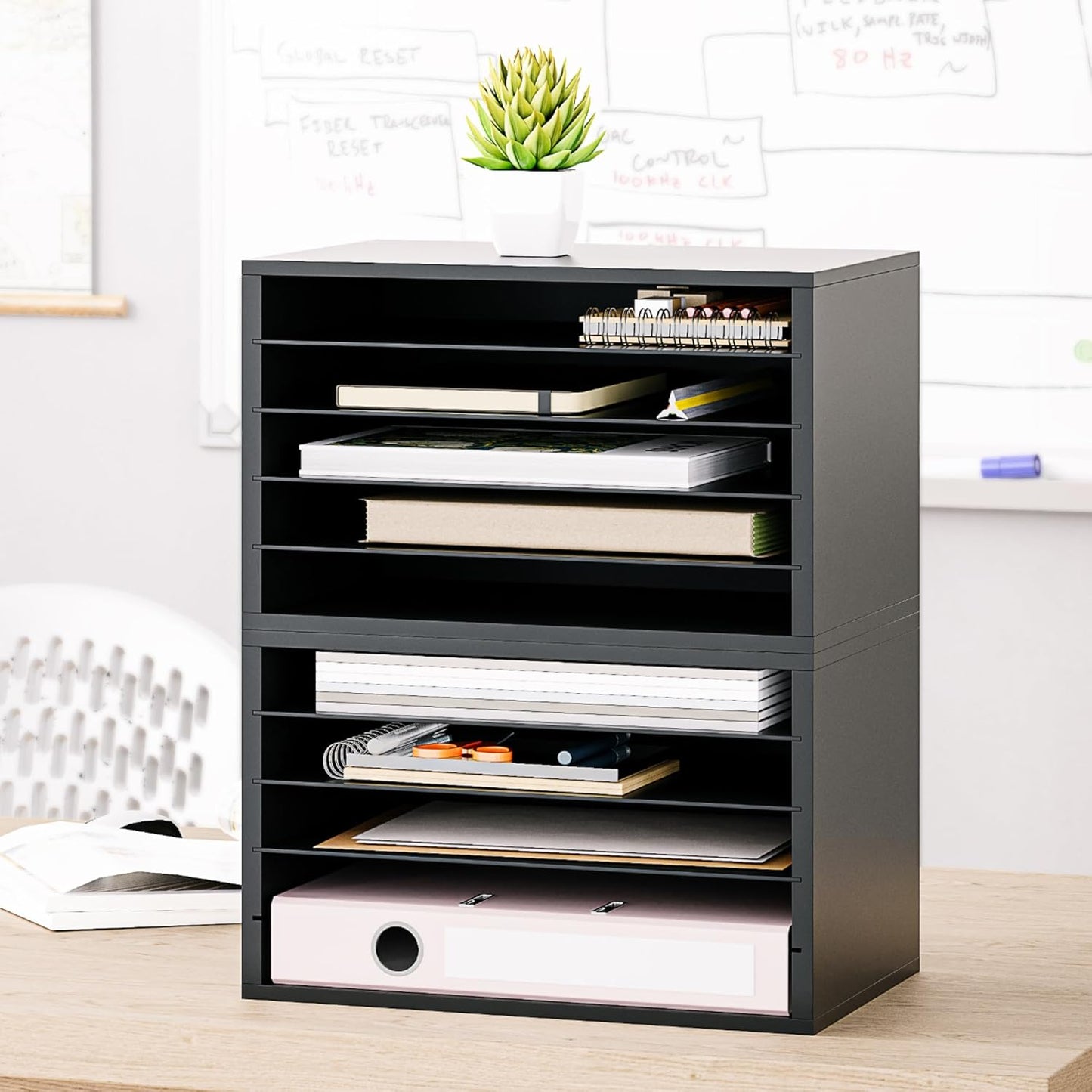 Ballucci 4-Tier Paper Organizer for Desk, Stackable Tray, Desk Storage Organizer Shelves, Stacking Letter Paper Tray Sorter for Classroom Office, Black
