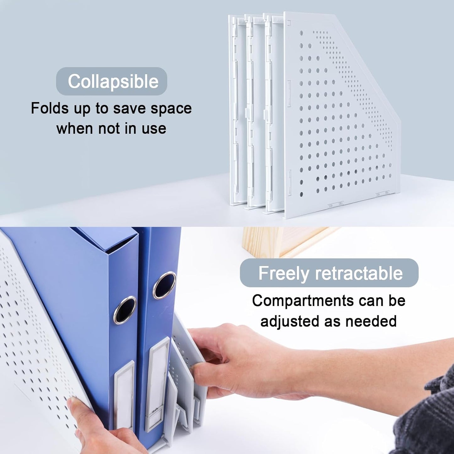 FRETONBA Collapsible Magazine File Holder with 2 Vertical Compartments Foldable Binder Holder for Desk Binder Storage Organizer Plastic Magazine Holders for Shelf, Light Gray
