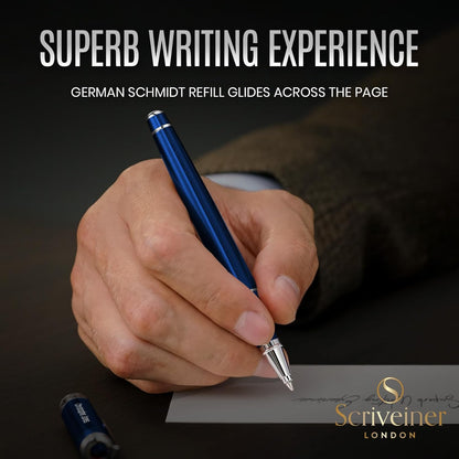Scriveiner Midnight Blue Rollerball Pen - Stunning Blue Lacquer Luxury Pen, Chrome Finish, Schmidt Ink Refills, Men & Women, Professional, Executive Office, Nice Pen