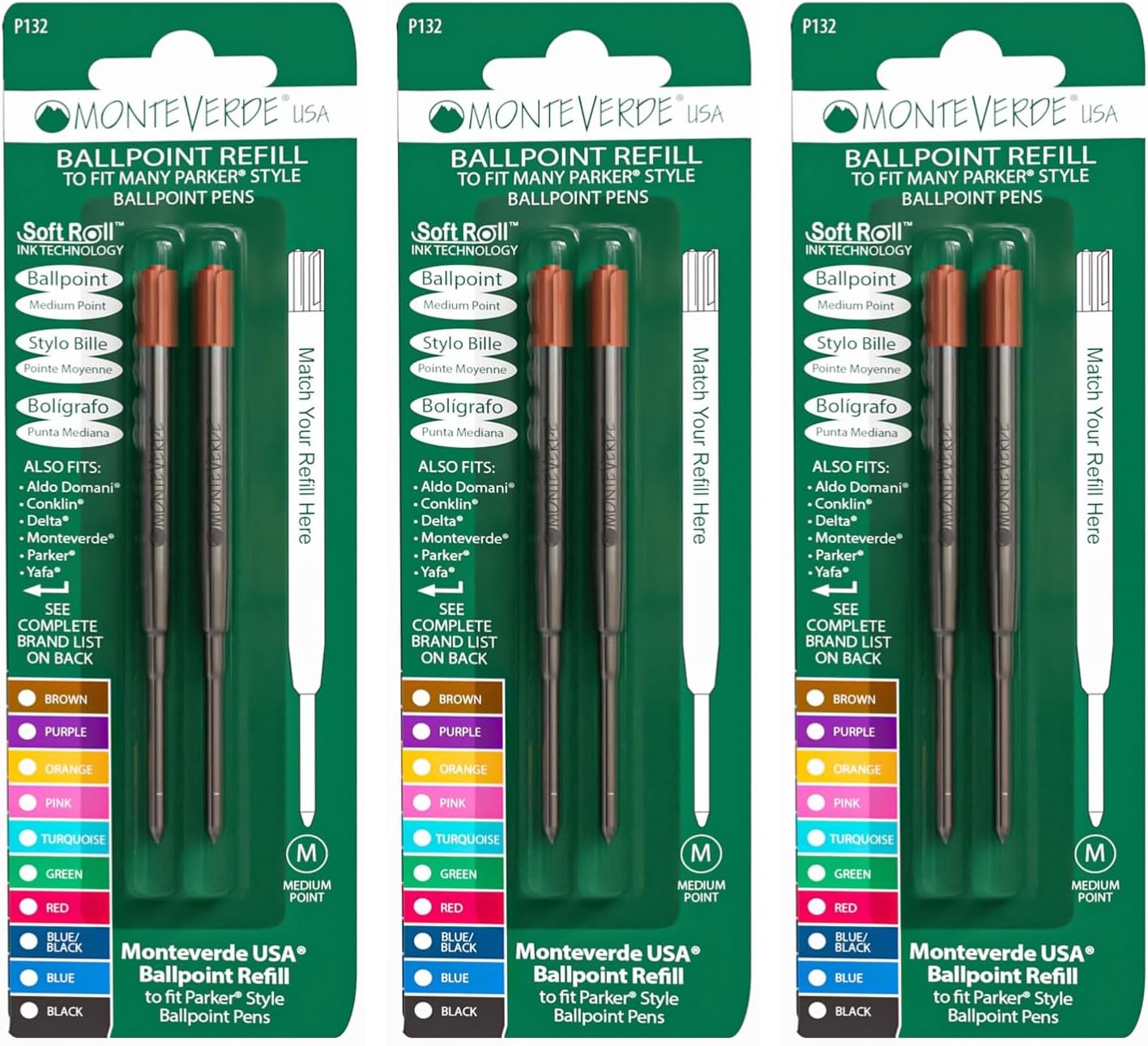 Monteverde Soft Roll Ballpoint Pen Refills to Fit Parker-Style Pens, Medium Point, Brown, 2-Pack, Smooth Writing Technology for Parker, Conklin, Schmidt, and More