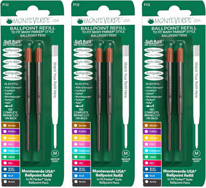Monteverde Soft Roll Ballpoint Pen Refills to Fit Parker-Style Pens, Medium Point, Brown, 2-Pack, Smooth Writing Technology for Parker, Conklin, Schmidt, and More