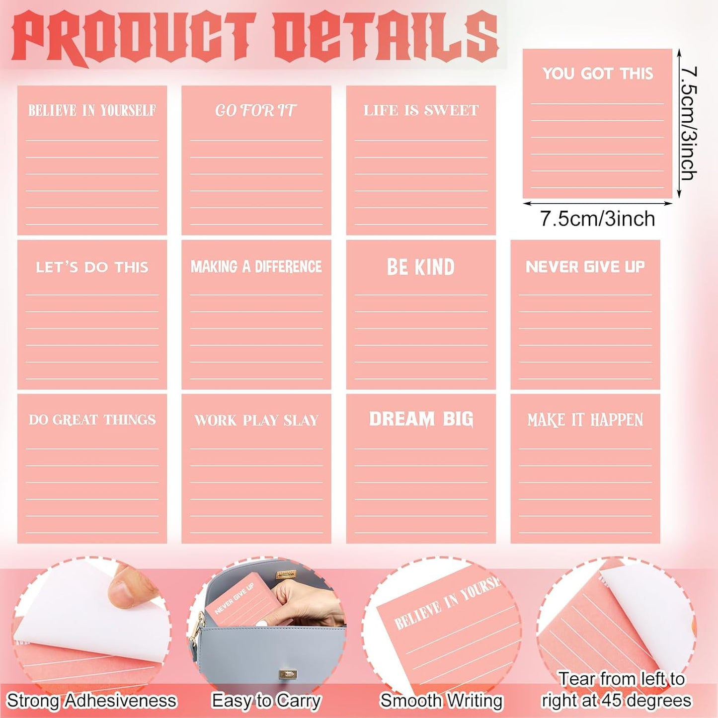 Yinder 48 Pcs Inspirational Sticky Notes Cute Motivational Sticky Notes Pad End of Year Employee Appreciation Gifts Bulk for Teacher Nurse Coworkers Office Supplies 3 x 3'' (Thank You,Dark Color)