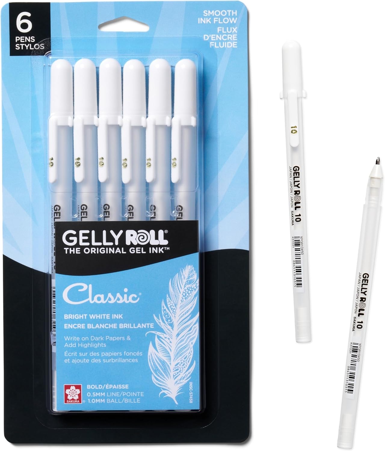 SAKURA Gelly Roll Classic Gel Pens, Opaque White Ink, Ass't Tips 05/08/10, 6 PK 57461