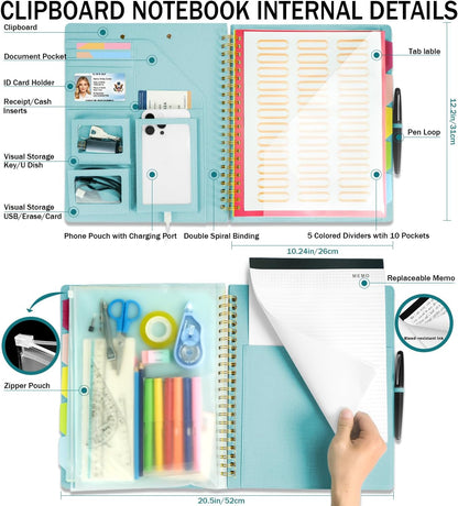 Grey Foldable Spiral Clipboard Folio with Storage Zipper Pouch, 5 Plastic Folders with Pockets,Refillable Lined Notepad (8.5" x 11"), Hardcover Project Organizer with 39 Stickers