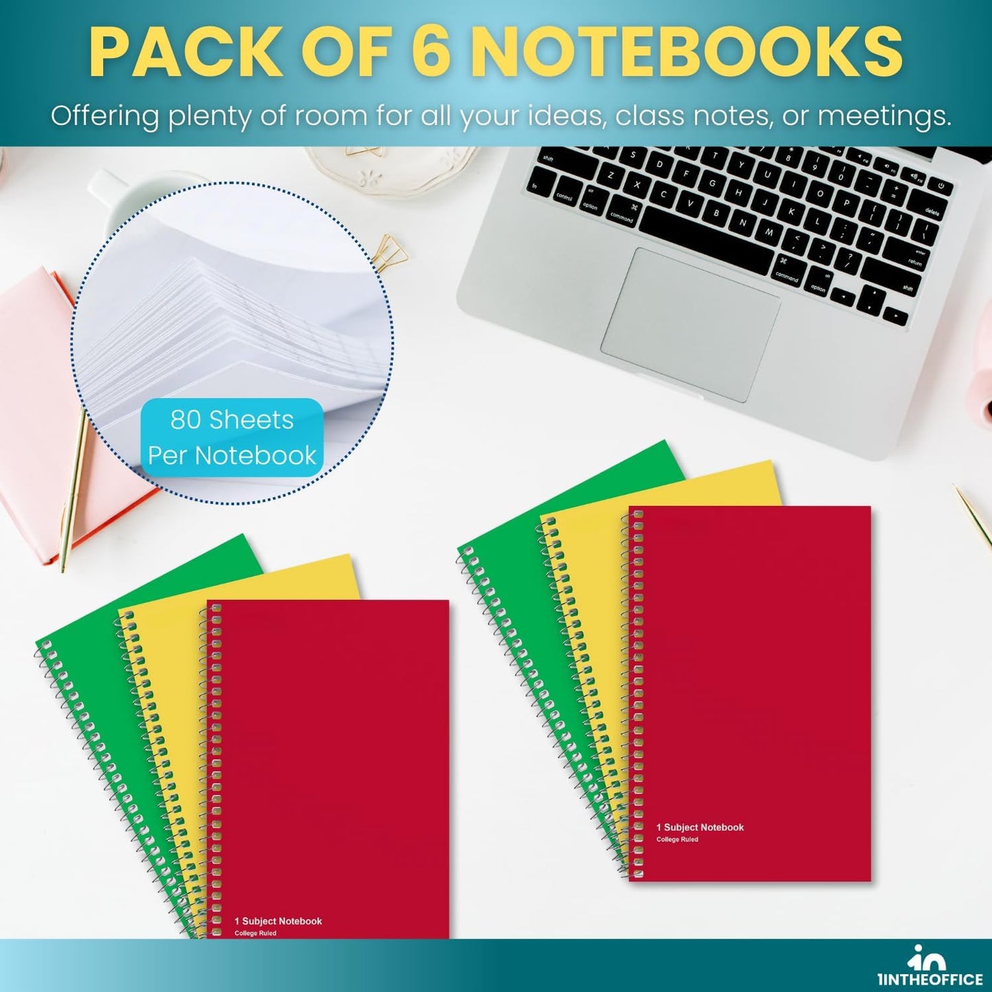 1InTheOffice 1-Subject Wirebound Notebook, College Ruled, 80 Sheets, Spiral Notebook 5x7, 7 3/4" x 5", 3/Pk
