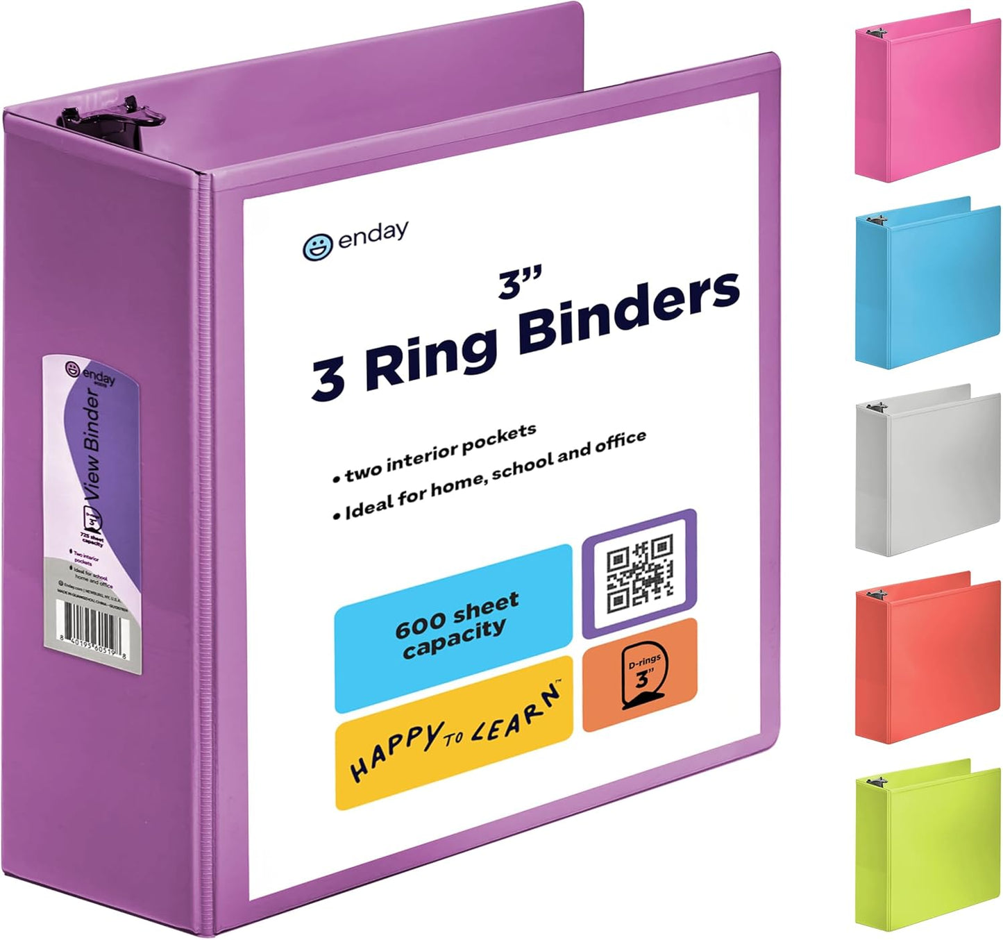 3 Inch Binder 3 Ring Binders Green, Slant D-Ring 3” Clear View Cover with 2 Inside Pockets, Heavy Duty Colored School Supplies Office and Home Binders – By Enday