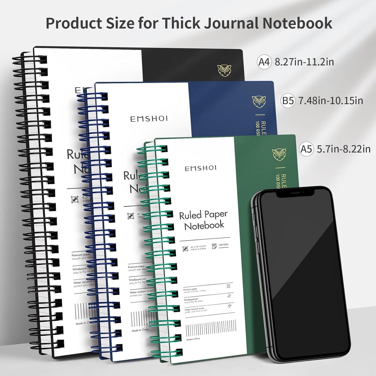 EMSHOI A5 Spiral Notebook College Ruled Lined Journal, Small 5.7" X 8.22", 300 Pages/150 Sheets, 100gsm Thick Paper, Waterproof Hardcover, for Office School Women Men Work Writing Notes, Blue
