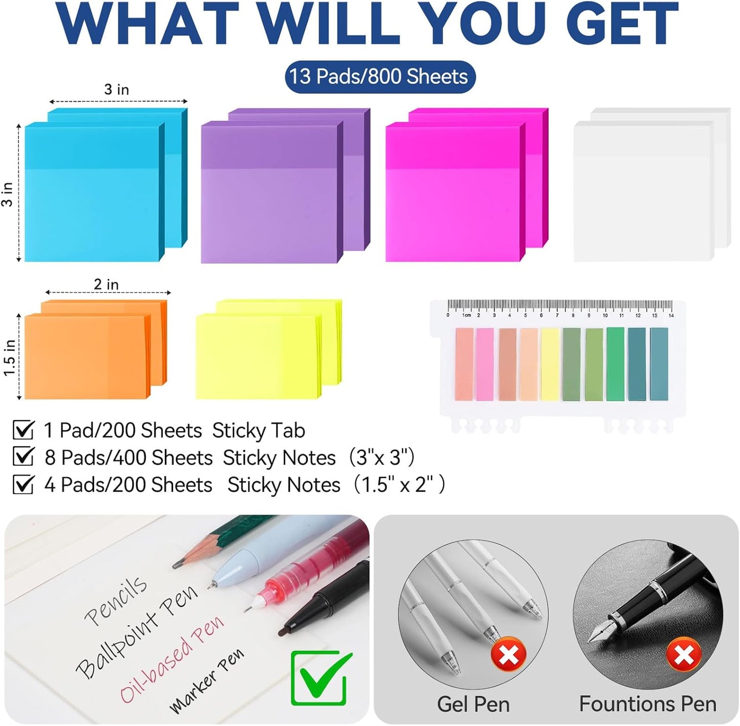 6 Pads Transparent Sticky Notes with Sticky Tabs, Tecolu 3x3 inch Clear Sticky Notes【Waterproof, 5X Adhesive Strength】, See-Through Translucent Sticky Notes for School Office Bible Study Supplies
