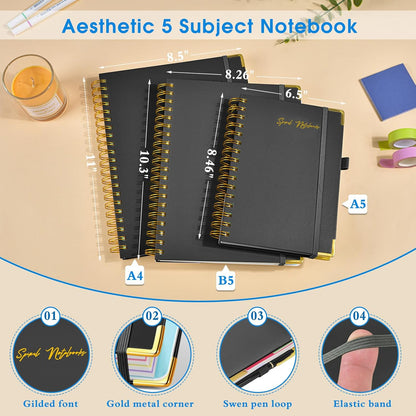 Hardcover Large Spiral Notebook 8.5" x 11" with Removable Dividers Tabs, 300 pages Leather 5 Subject Notebook College Ruled, A4 Journal for Women Men, Notebooks for Work School Note taking,Black