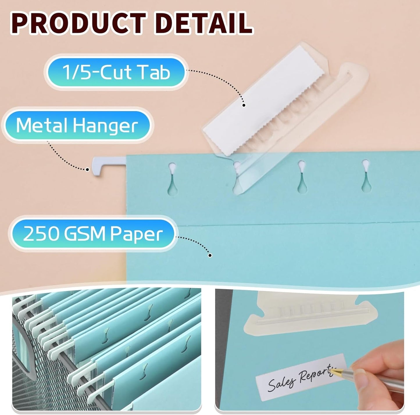 25-Pack Green Hanging File Folders, Letter Size (8.5" x 11") with 1/5-Cut Tabs,Includes 35 Transparent Label Cards & 50 Sticker Labels for Home & Office Organization