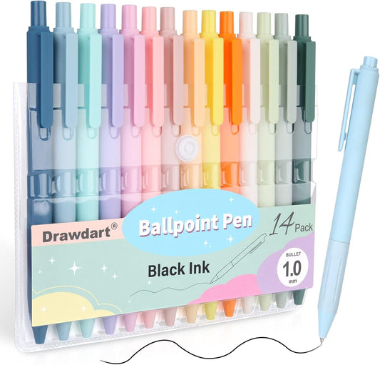 Drawdart 14-Pack Ballpoint Pens, Medium 1.0mm Black Ink Cute Pen with Super Soft Grip, Retractable - For Smooth Writing, Note Taking and Journaling, Office & School Supplies