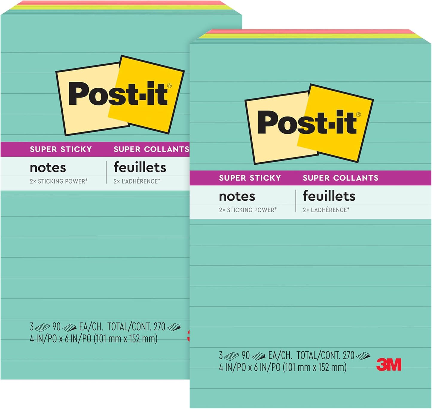 Post-it Super Sticky Lined Notes, 3 Sticky Note Pads, 4 x 6 in., School Supplies for Students, Ideal for Textbooks, Notebooks, Walls and Vertical Surfaces, Supernova Neons Collection