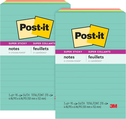 Post-it Super Sticky Lined Notes, 3 Sticky Note Pads, 4 x 6 in., School Supplies for Students, Ideal for Textbooks, Notebooks, Walls and Vertical Surfaces, Supernova Neons Collection