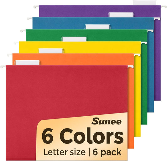 SUNEE Hanging File Folders, 6 Pack Letter Size Hanging File Folders with 1/5-Cut Tabs, Ideal for Home and Office Organization and Papers Classification,Assorted Colors