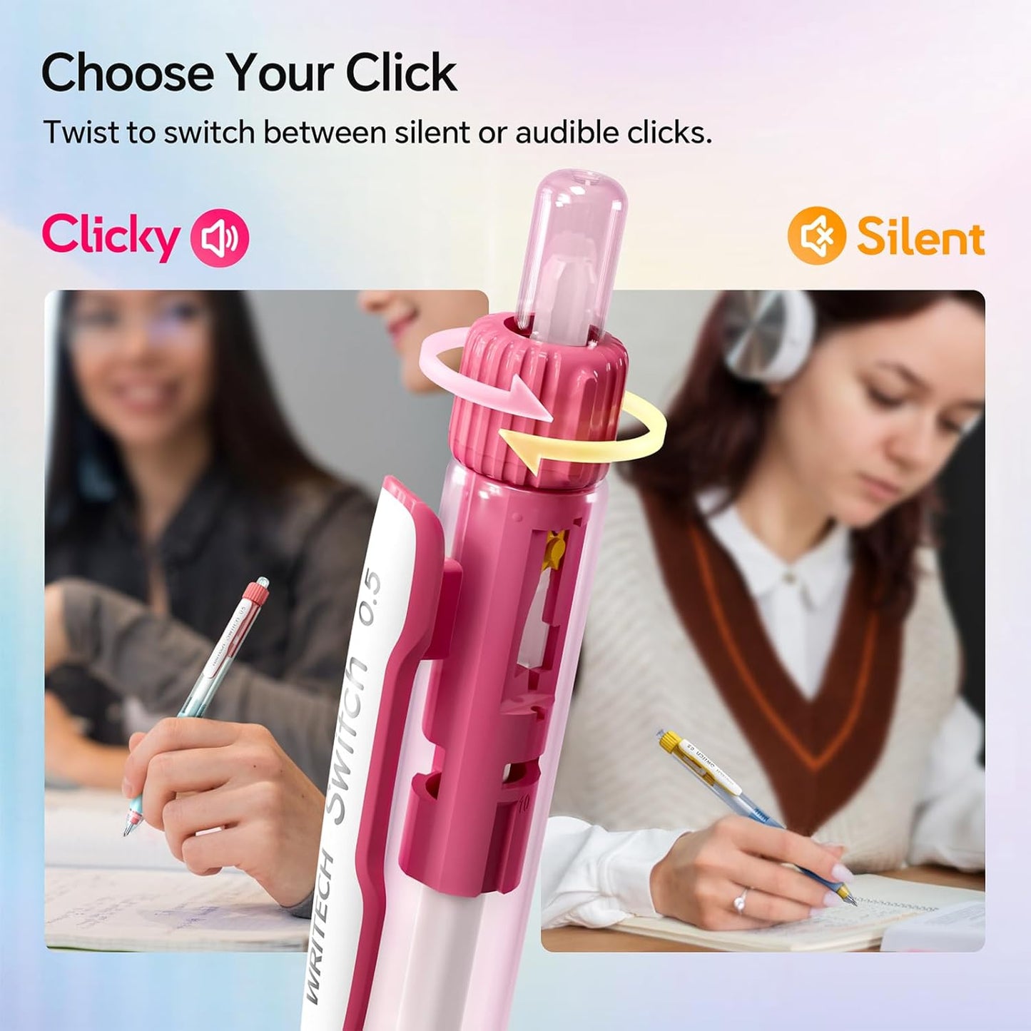 WRITECH Retractable Gel Ink Pens: 0.5mm Black-Ink Switch Between Silent and Clicky Soft Grip Fine Point Pen for Journaling Smooth Writing Quick-dry No Bleed 10ct