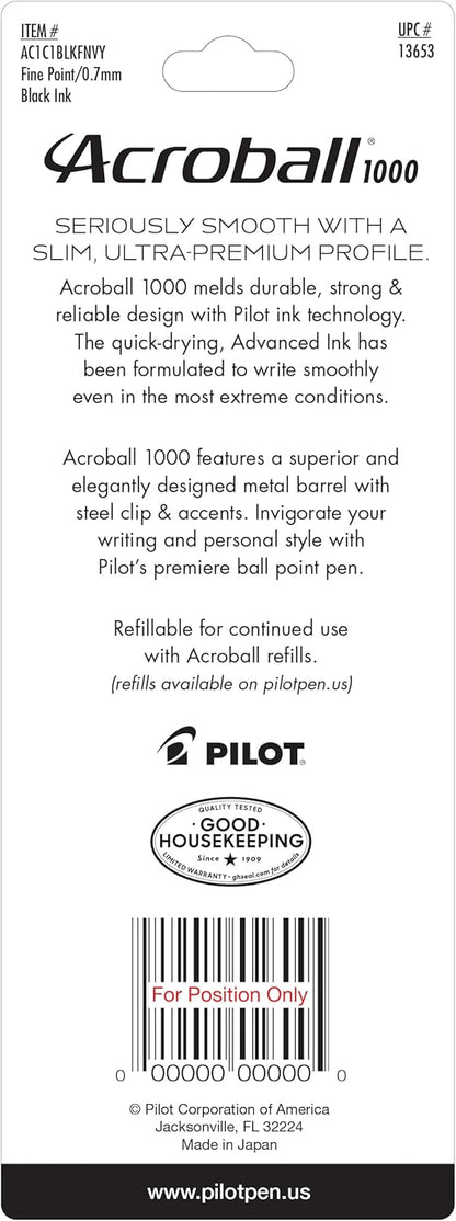 PILOT Acroball 1000 Ultra-Premium Refillable & Retractable Ball Point Pen, Gold Barrel, Fine Point, Black Ink, Single Pen (13662).
