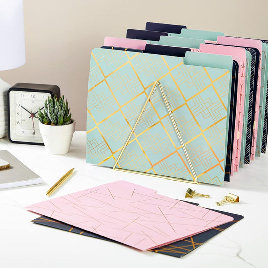 Paper Junkie 12-Pack Cute Geometric Gold Foil Decorative & Colored File Folders, Letter Size (9.5x11.5 in) - 1/3-Cut Tab File Folders for Office Supplies - Aesthetic Office Supplies