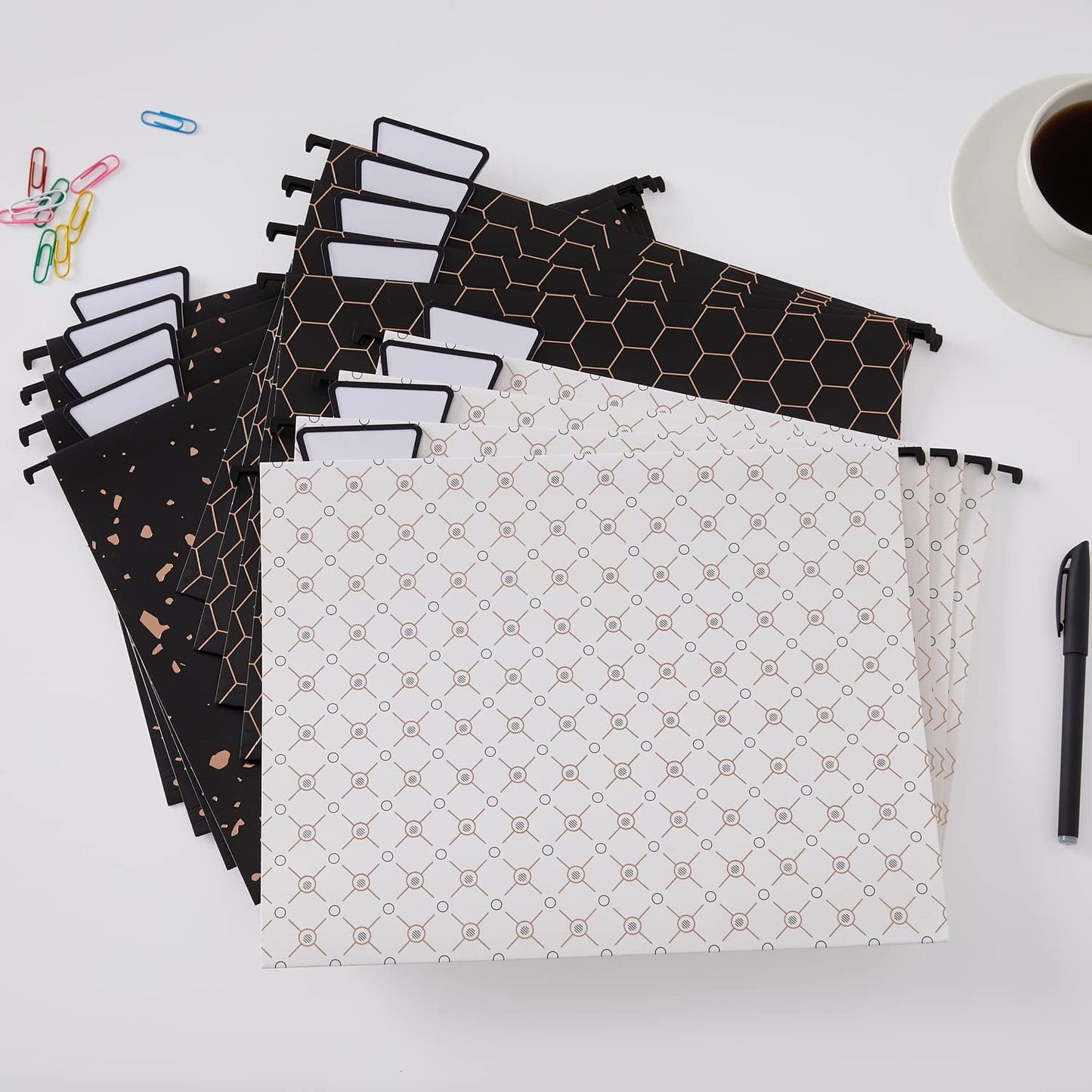 Y YOMA 12 Pack Rose Gold Hanging File Folders Letter Size Decorative File Folder Cute Pretty Hanging Folder Organizer for Filing Cabinet Office Home with 1/5-Cut Adjustable Tabs, 3 Gold Foil Design