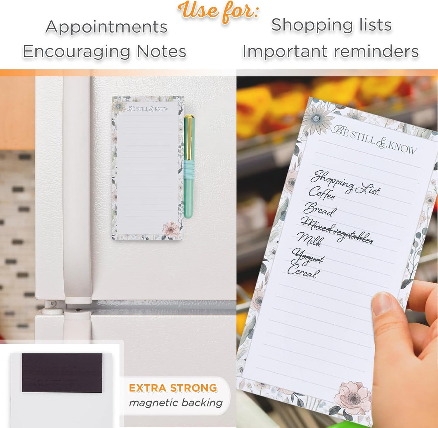 Christian Art Gifts Compact Magnetic Notepad & Medium Ballpoint Pen Set: Trust in the Lord Inspirational Scripture, Shopping Lists, Memos, Reminders, 70 Lined Easy Tear-off Sheets, Purple/Teal Floral