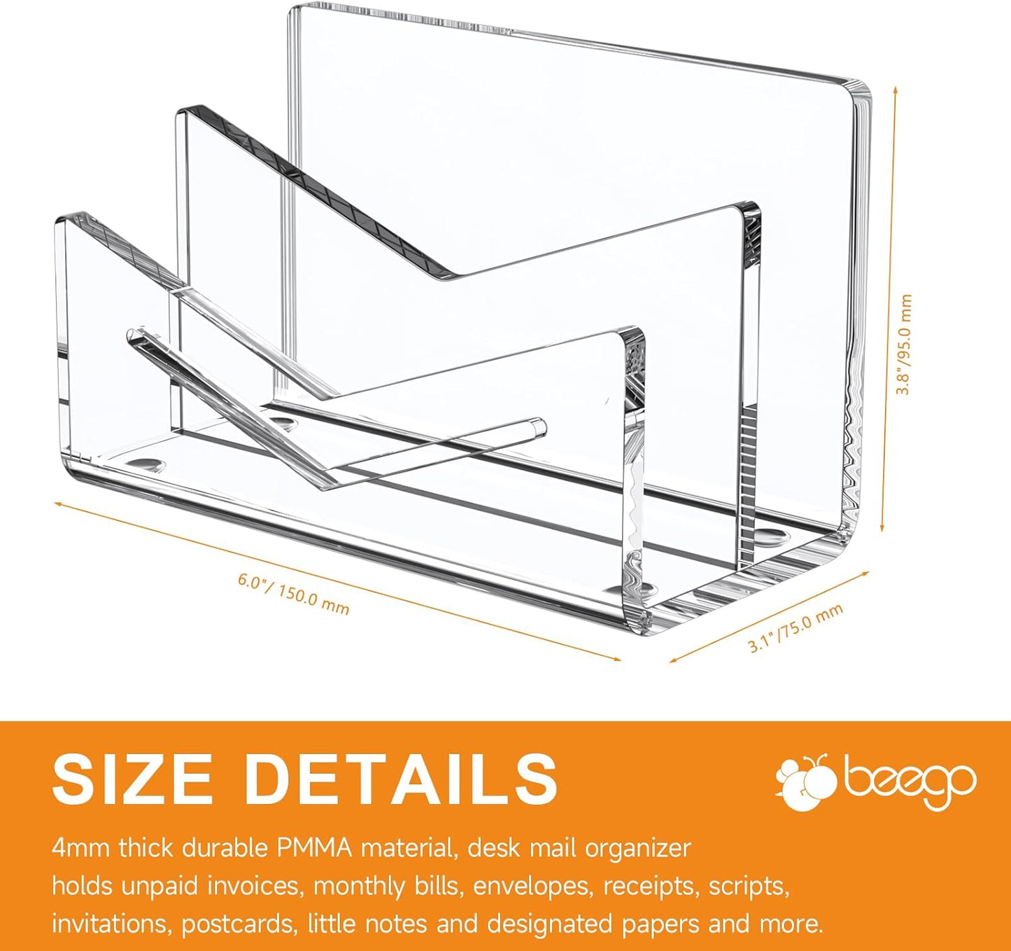 Beego Envelope and Mail Organizer Countertop - 3 Compartments Black Acrylic Desk Organizer Letter Holder Desktop File Sorter Bill Document Folder Rack for Office, Home, School Desk Organization