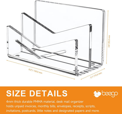 Beego Envelope and Mail Organizer Countertop - 3 Compartments Black Acrylic Desk Organizer Letter Holder Desktop File Sorter Bill Document Folder Rack for Office, Home, School Desk Organization