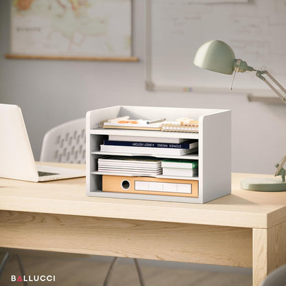 Ballucci File Organizer, 4-Tier Office Desk Organizer, Open Top Wood Paper Organizer for Classroom, Desktop Mail Sorter Paper Tray, Black