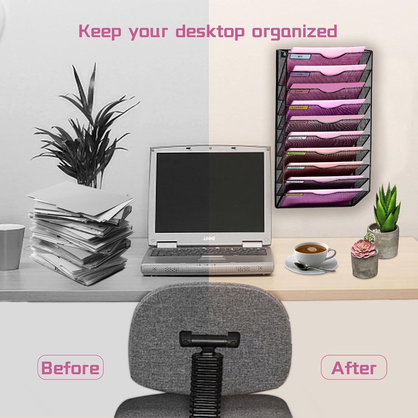1 Pocket Mesh Wall File Holder Organizer Office Hanging File Folder Magazine Rack, Nametag Label Hooks Set Included (Black)